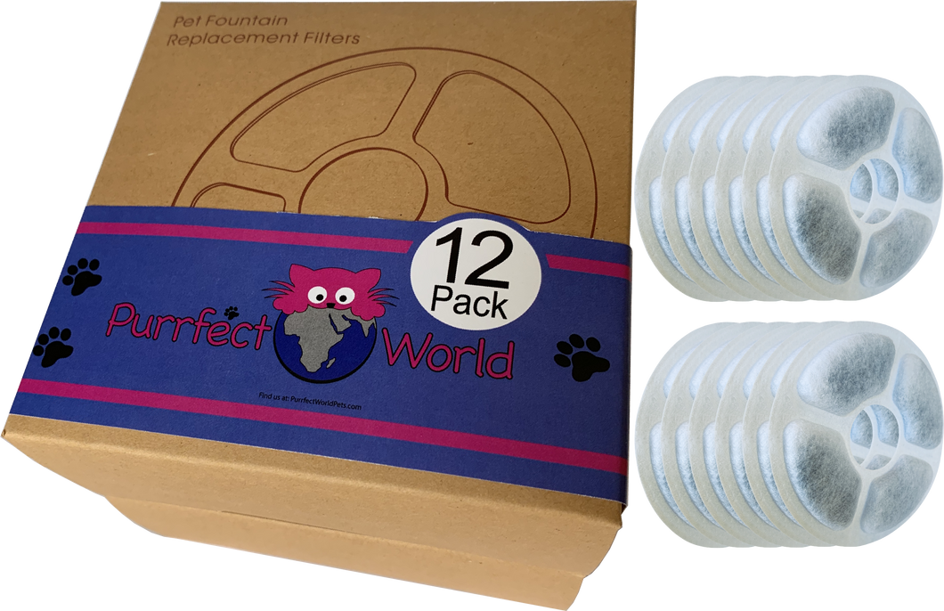 Purrfect World Cat and Dog Water Fountain Carbon - Replacement Filters : for 68 Oz / 2.0L Capacity Fountains - 12 pack