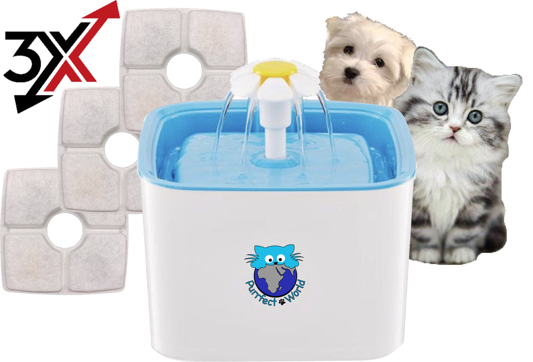 Purrfect World Cat and Dog Water Fountain w/ 3 Carbon - Ion Exchange Filters : 84 Oz / 2.5L Capacity